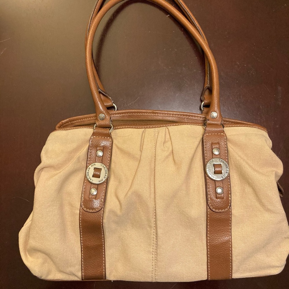 Caribbean Joe Canvas Shoulder Bag Tan Beige Brown Vacation Beach Summer EUC